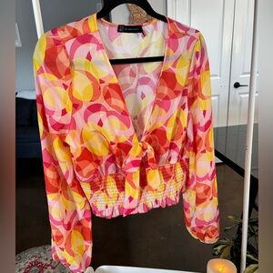 New York & Company Pink and Yellow deep V-neck Blouse